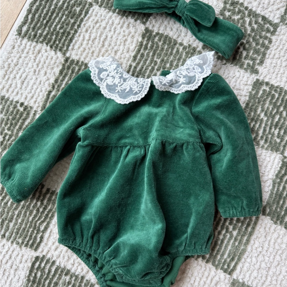 Little Me Green Velvet Romper with Lace Trim and matching headband